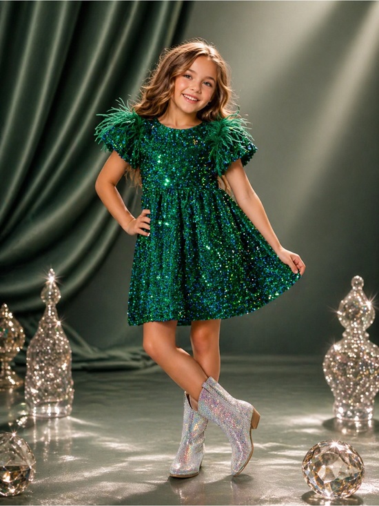 Lola + The Boys Other - Lola + The Boys Green Sequin Feather Dress Size 10 Like New